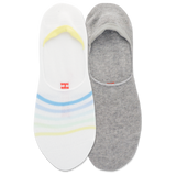 Gray and white no-show socks with colorful stripes on a white background