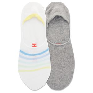 Gray and white no-show socks with colorful stripes on a white background
