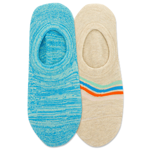 Two pairs of no-show socks, one blue and one beige with colorful stripes, on a white background.