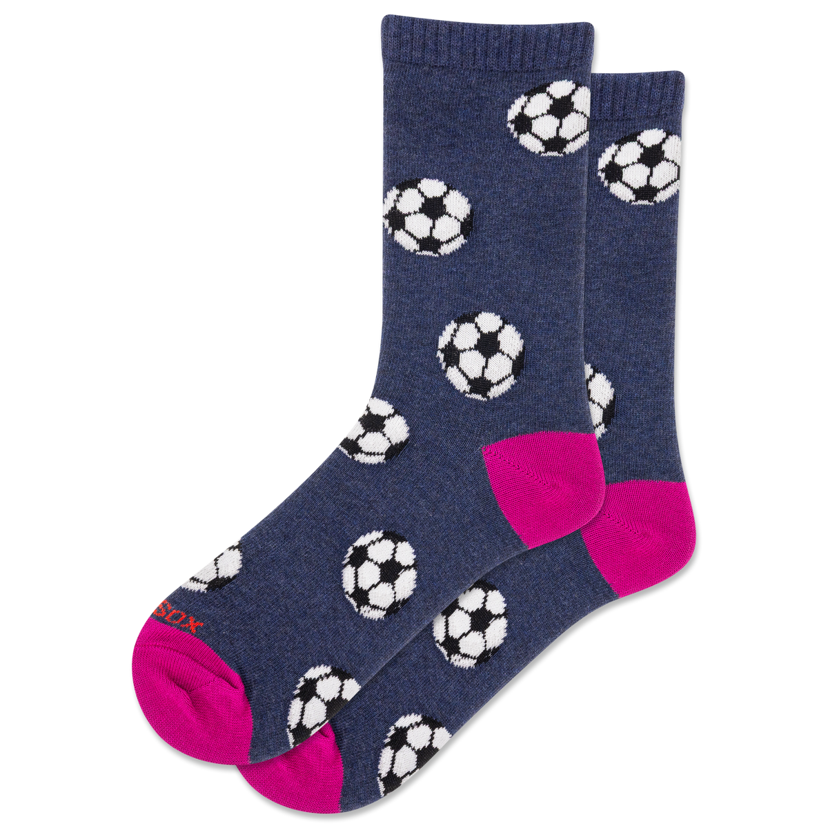 Pair of socks with soccer ball pattern and pink toes on a white background