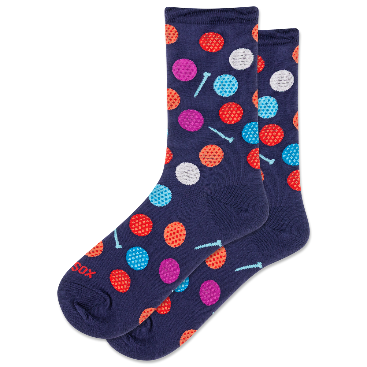 Navy socks with colorful gold ball pattern on a white background
