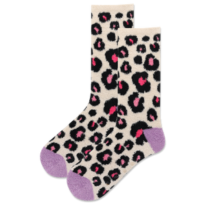 Leopard print socks with pink accents on a beige background