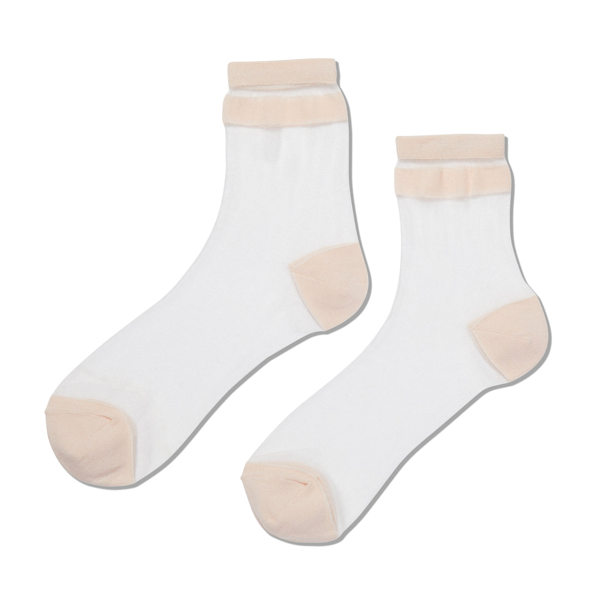 Pair of white socks with beige accents on a white background