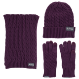 Purple knit hat, scarf, and gloves set with Jeep logo on a white background