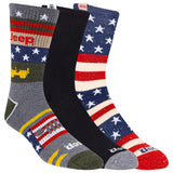 A pack of three pairs of Jeep-themed crew socks with various patterns and colors, including a patriotic red, white, and blue design and a camouflage pattern. thumbnail