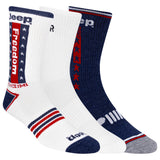 A pack of three Jeep women's crew socks with an Americana design, featuring red, white, and blue colors and Jeep branding.