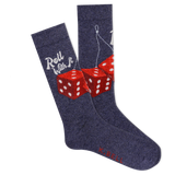 Pair of socks with red dice design and 'Roll With It' text on a white background