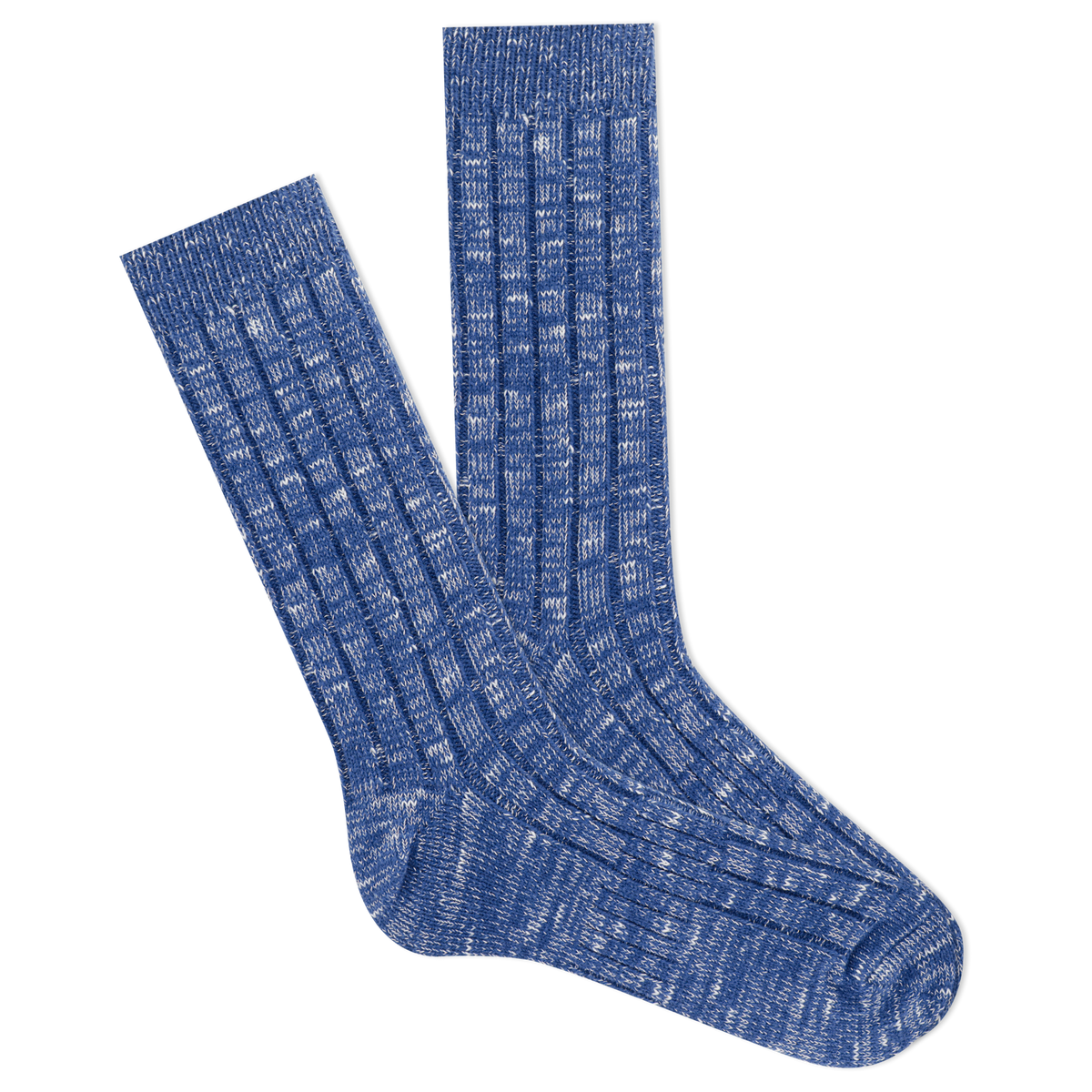 Pair of blue textured socks on a white background