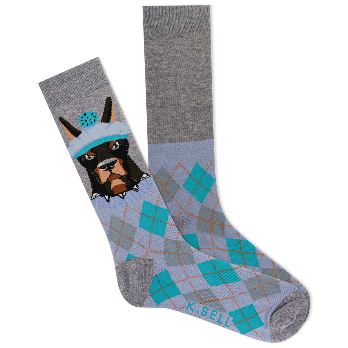 Gray sock with a dog design and argyle pattern on a white background
