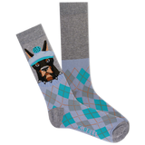 Gray sock with a dog design and argyle pattern on a white background