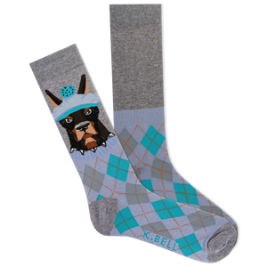 Gray sock with a dog design and argyle pattern on a white background