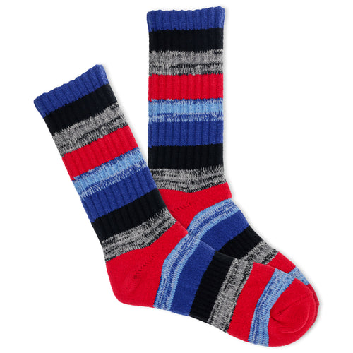 A pair of men's striped active boot socks in blue, red, and gray colors.