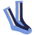 A pair of men's ski socks with blue color blocks and white stripes on a white background.