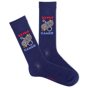 Navy blue socks with 'Retro Gamer' design and game controller graphic on a white background