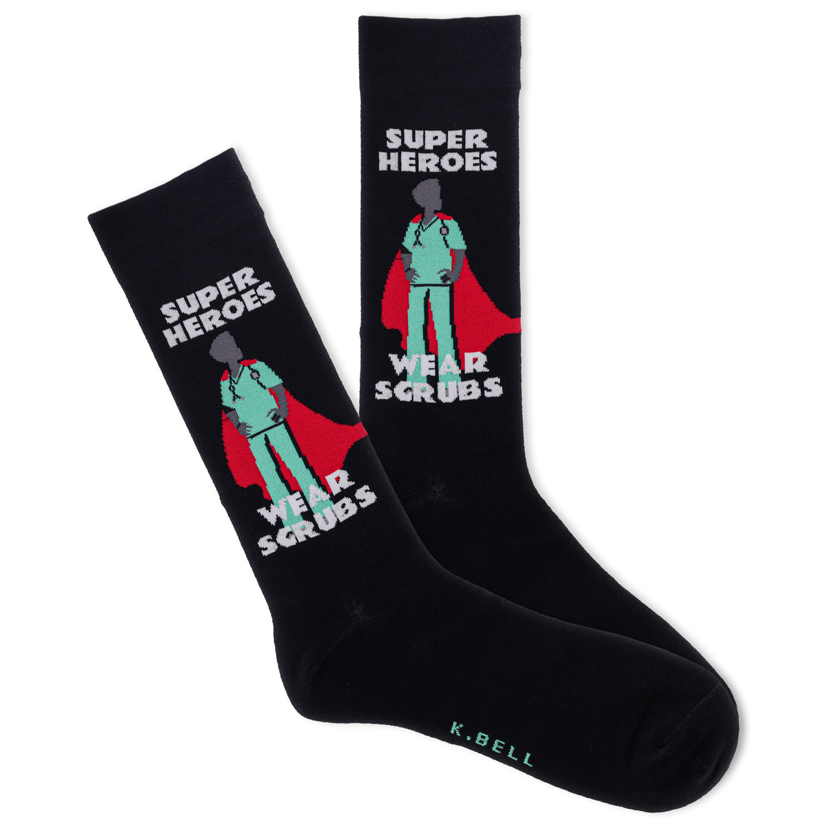 A pair of men's black crew socks with a graphic of a superhero wearing a cape and the text 'SUPER HEROES WEAR SCRUBS'.