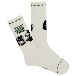 White sock with black bear graphics and text on a white background