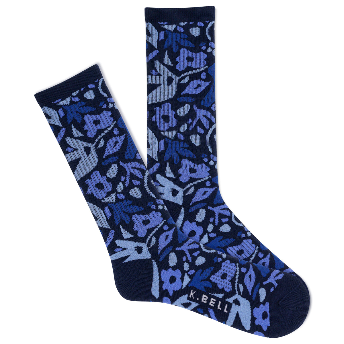 Pair of blue floral-patterned socks on a white background