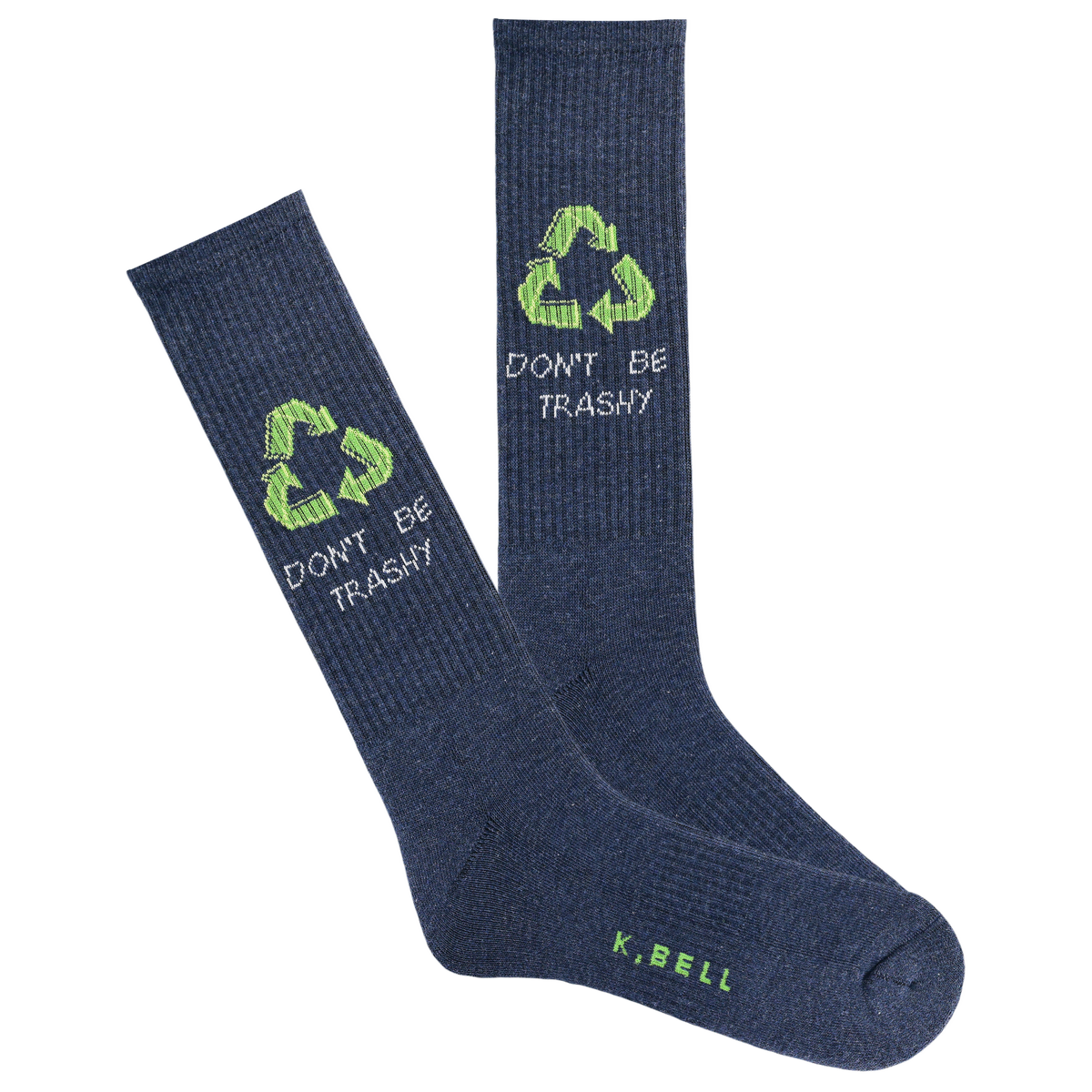A pair of men's active crew socks with a 'Don't be trashy' message and recycling symbol