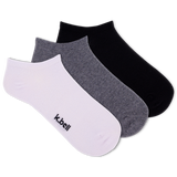 Set of three socks in black, gray, and white with 'k.bell' branding on a white background.
