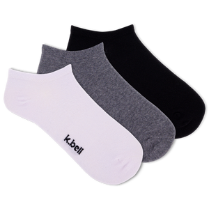 Set of three socks in black, gray, and white with 'k.bell' branding on a white background.