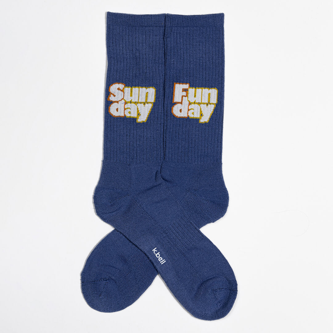 Blue socks with 'Sun day Fun day' text on a white background