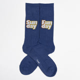 Blue socks with 'Sun day Fun day' text on a white background