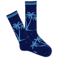 Navy blue socks with light blue palm tree design on a white background