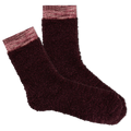Pair of dark wine socks with pink cuffs on a white background