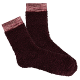 Pair of dark wine socks with pink cuffs on a white background