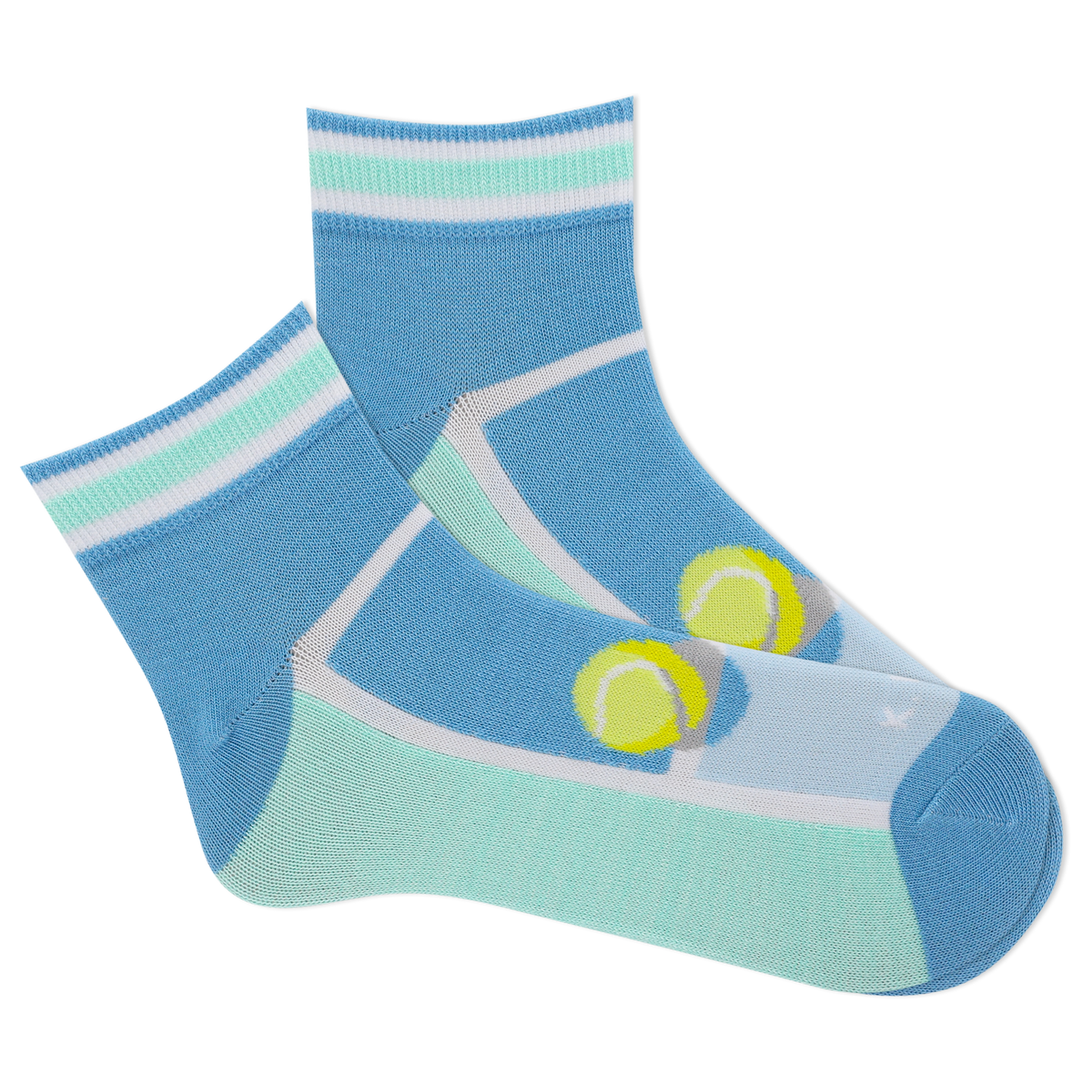 Blue socks with tennis court design and tennis balls on a white background