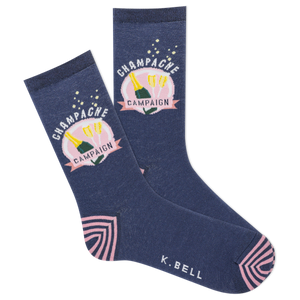 Navy socks with champagne bottle design and 'K. Bell' branding on a white background