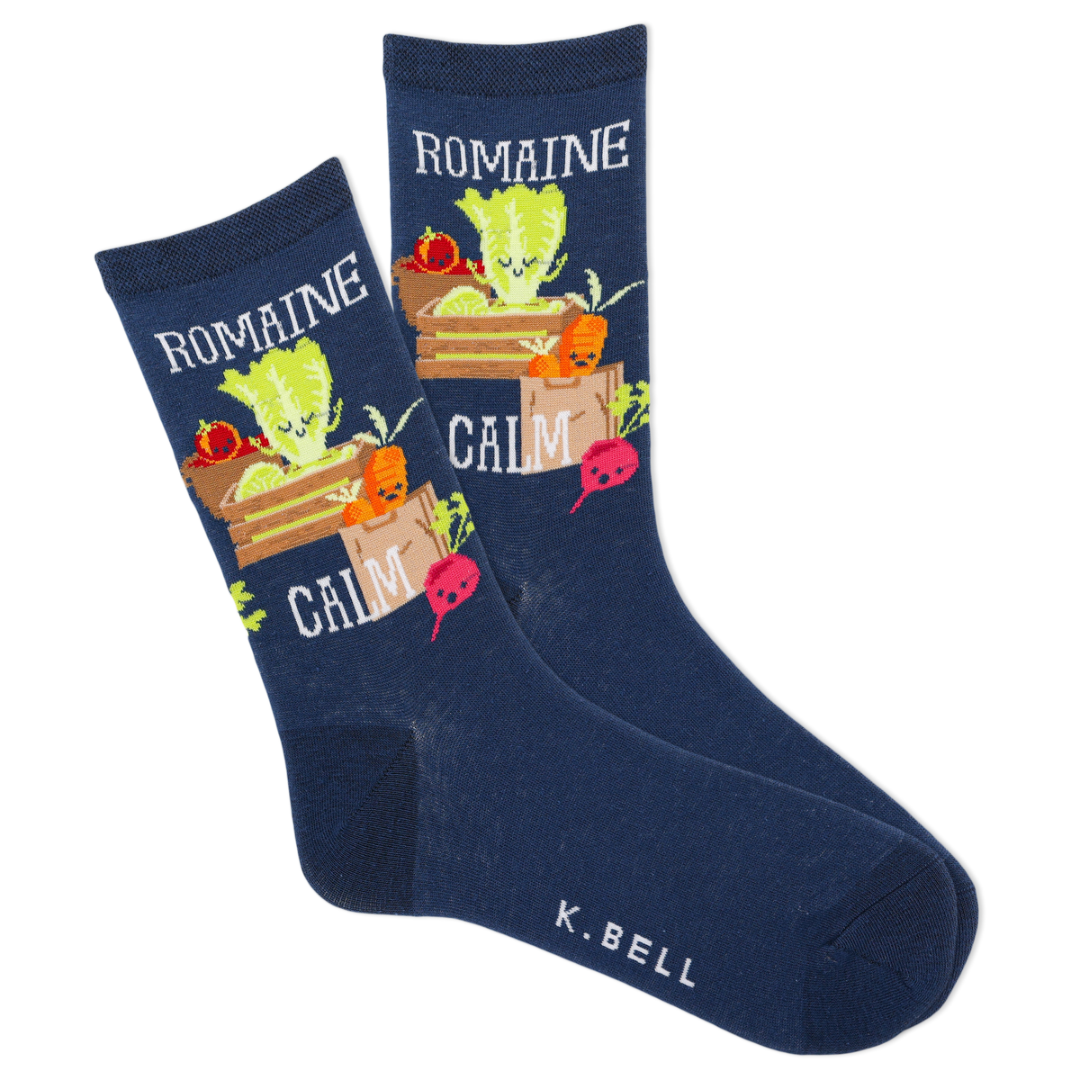 Navy blue socks with vegetable design and 'K. Bell' branding on a white background