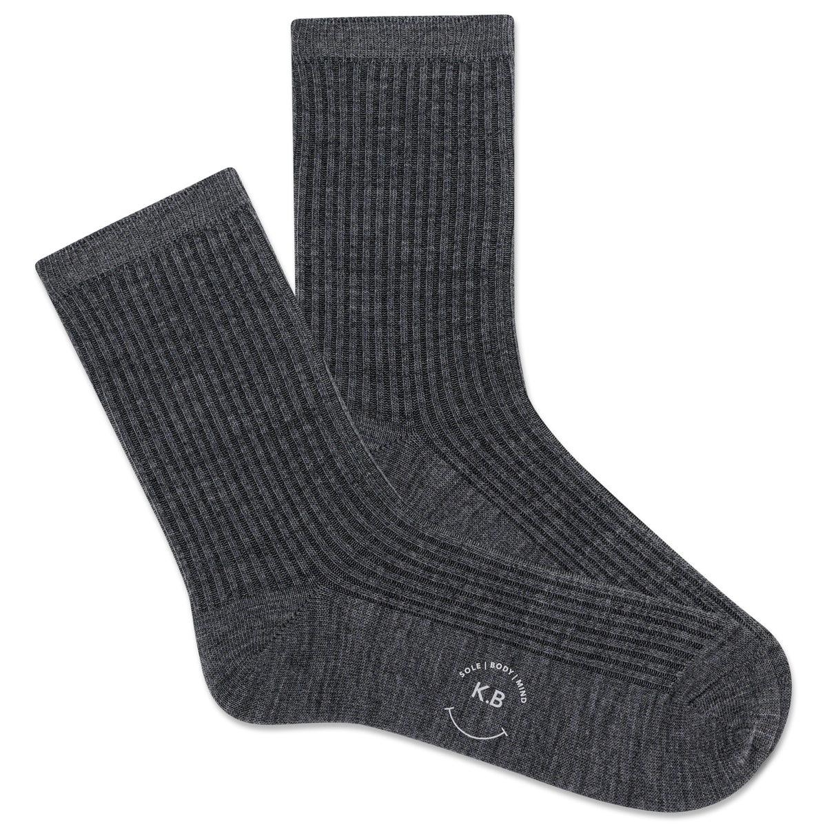 Pair of gray socks with a brand logo on a white background