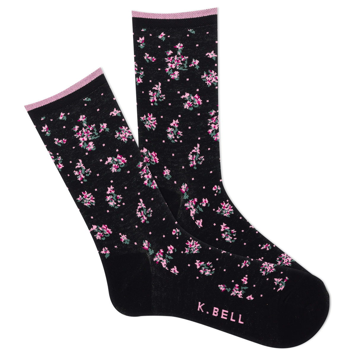 A pair of women's crew socks with a floral pattern in black, blue, and pink colors, featuring the brand name 'K.Bell' on the foot.