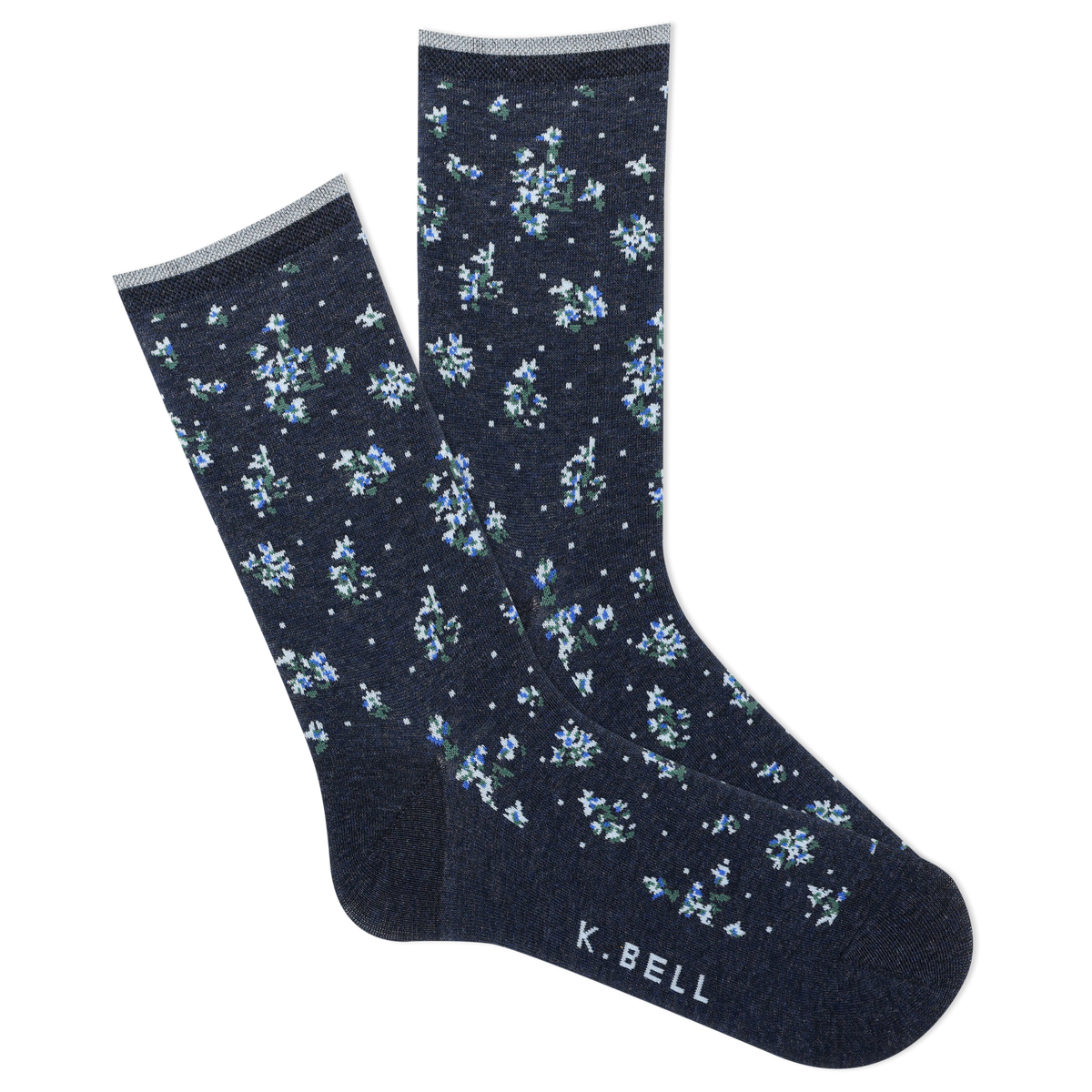 Navy socks with small floral pattern on a white background, featuring K. Bell branding.
