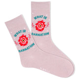 A pair of pink crew socks with a red carnation design and the text 'WHAT IN CARNATION' written on the side.