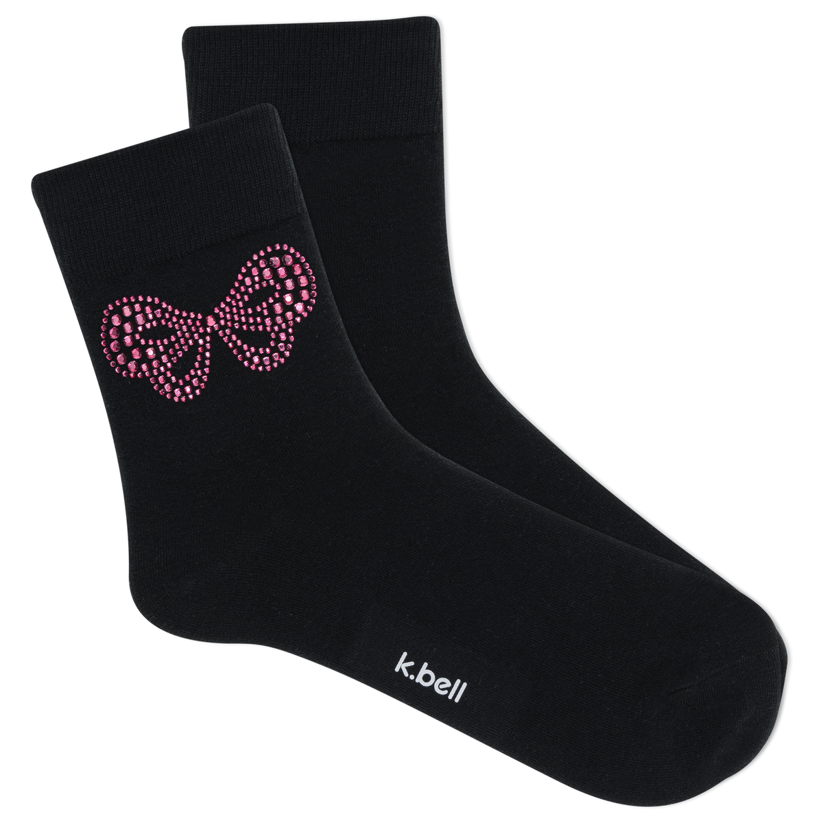 Black socks with pink bow design and 'k.bell' branding on a white background