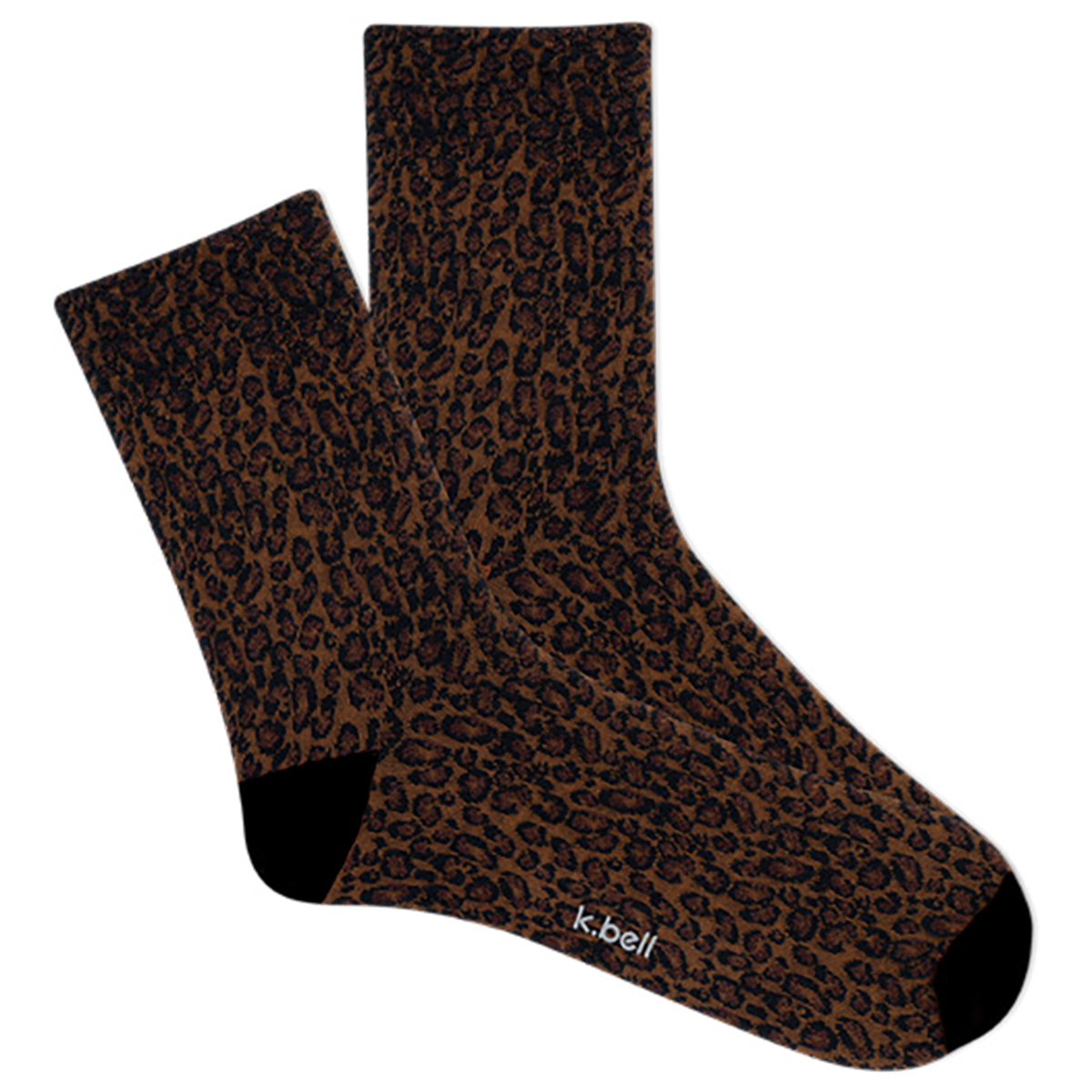 Pair of women's brown leopard print socks with 'k.bell' branding on a white background