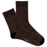 Pair of women's brown leopard print socks with 'k.bell' branding on a white background