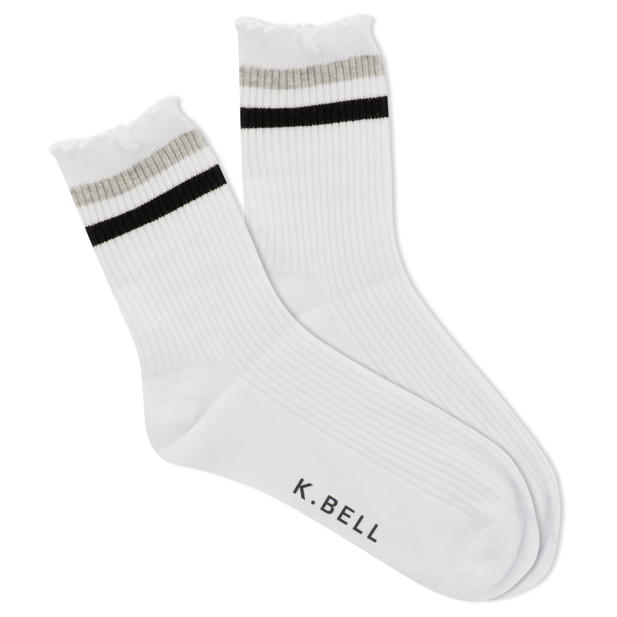 White socks with black and gray stripes and 'K. Bell' branding on a white background