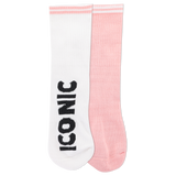 White socks with 'Iconic' text and a pink stripe at the top of cuff and a solid pink sock with a white stripe at the top of the cuff.