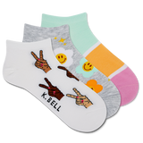 Three pairs of low cut socks with various colorful designs and text readings 'K.Bell'. thumbnail