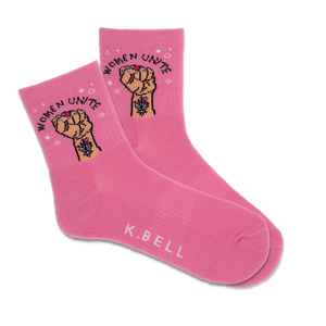 A pair of pink active crew socks with 'Women Unite' text and a fist graphic, and the brand name 'K.Bell' displayed at the bottom.