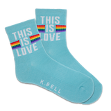 Turquoise socks with 'This is Love' text and rainbow stripes, brand 'K. Bell' visible.
