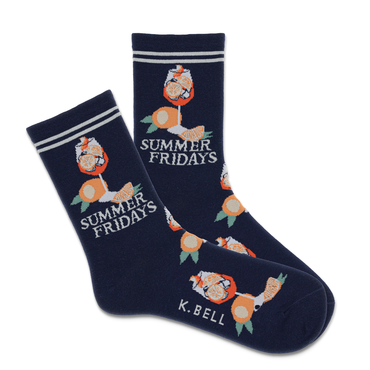 A pair of navy crew socks with a 'Summer Fridays' text and Aperol spritz design, featuring the brand K.Bell.