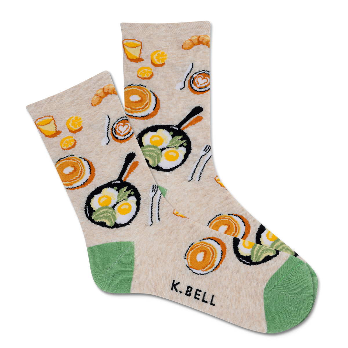 Pair of socks with food-themed design on a beige background, featuring the brand 'K. Bell'.