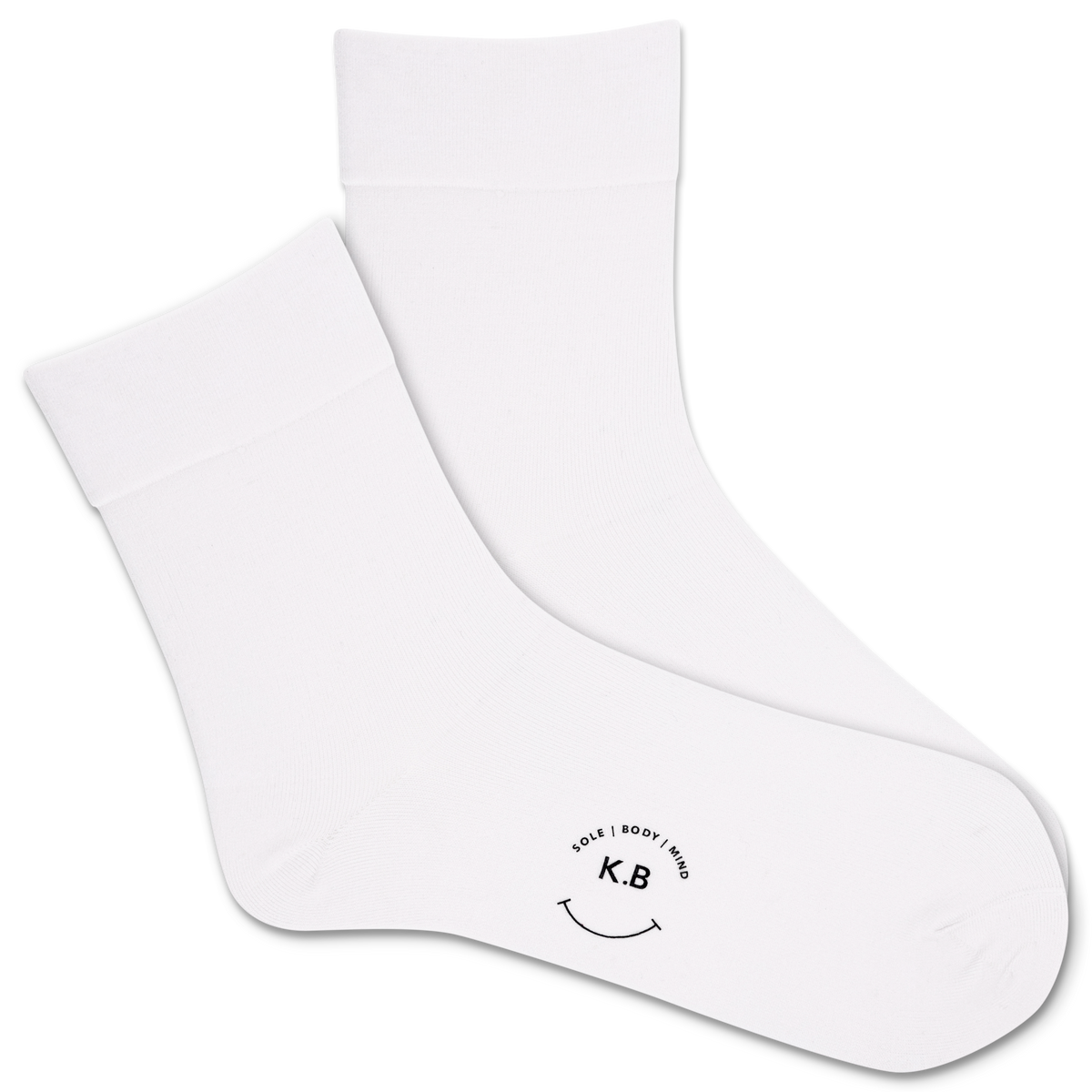 White socks with a smiley face and 'K.B' logo on a white background