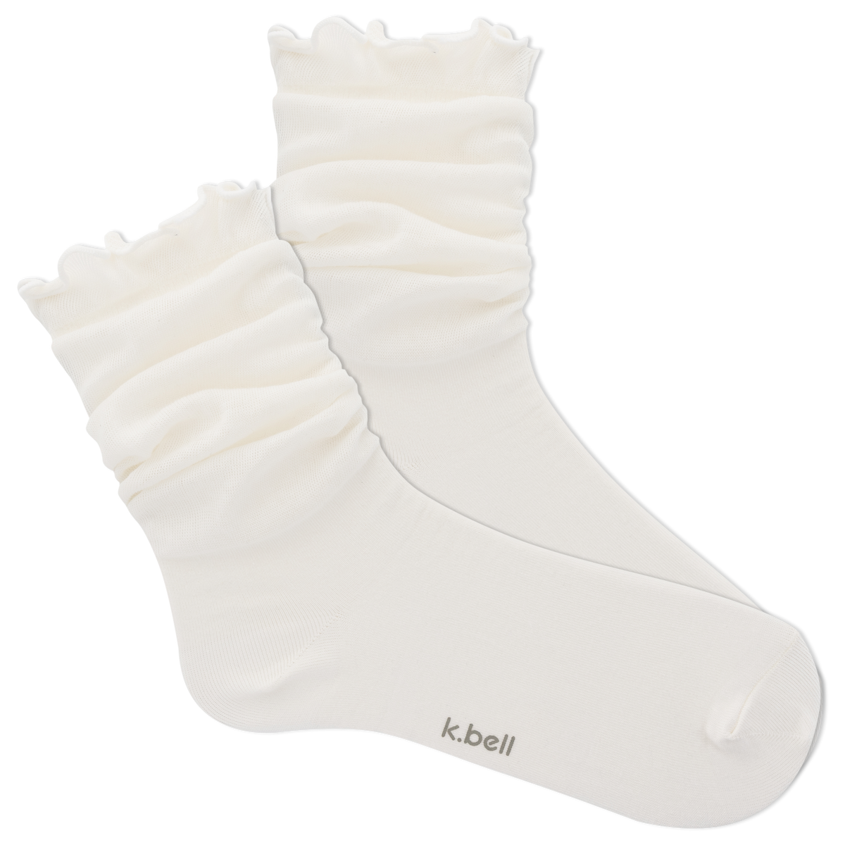 White ruffled sock with 'k.bell' branding on a white background