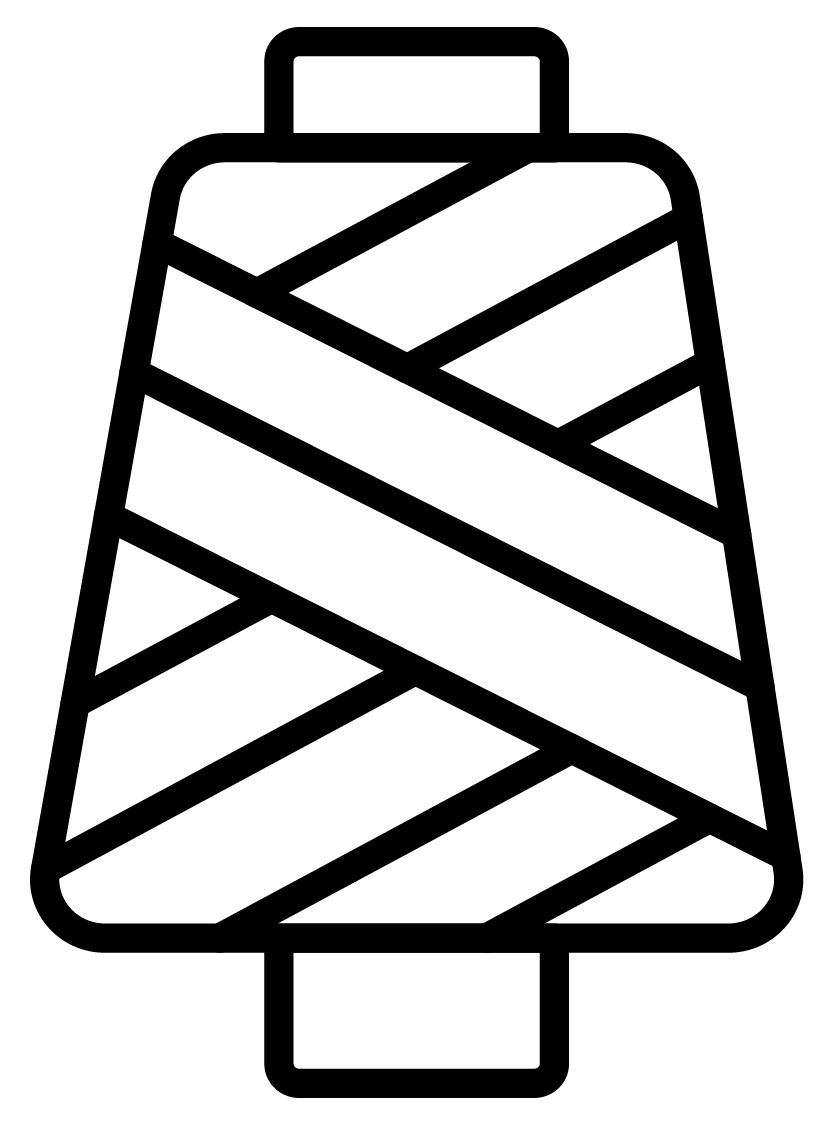 A black and white line art icon of a spool of thread, centered on a solid white background.