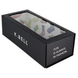 Black K. Bell shoe box with colorful sock design inside on a white background